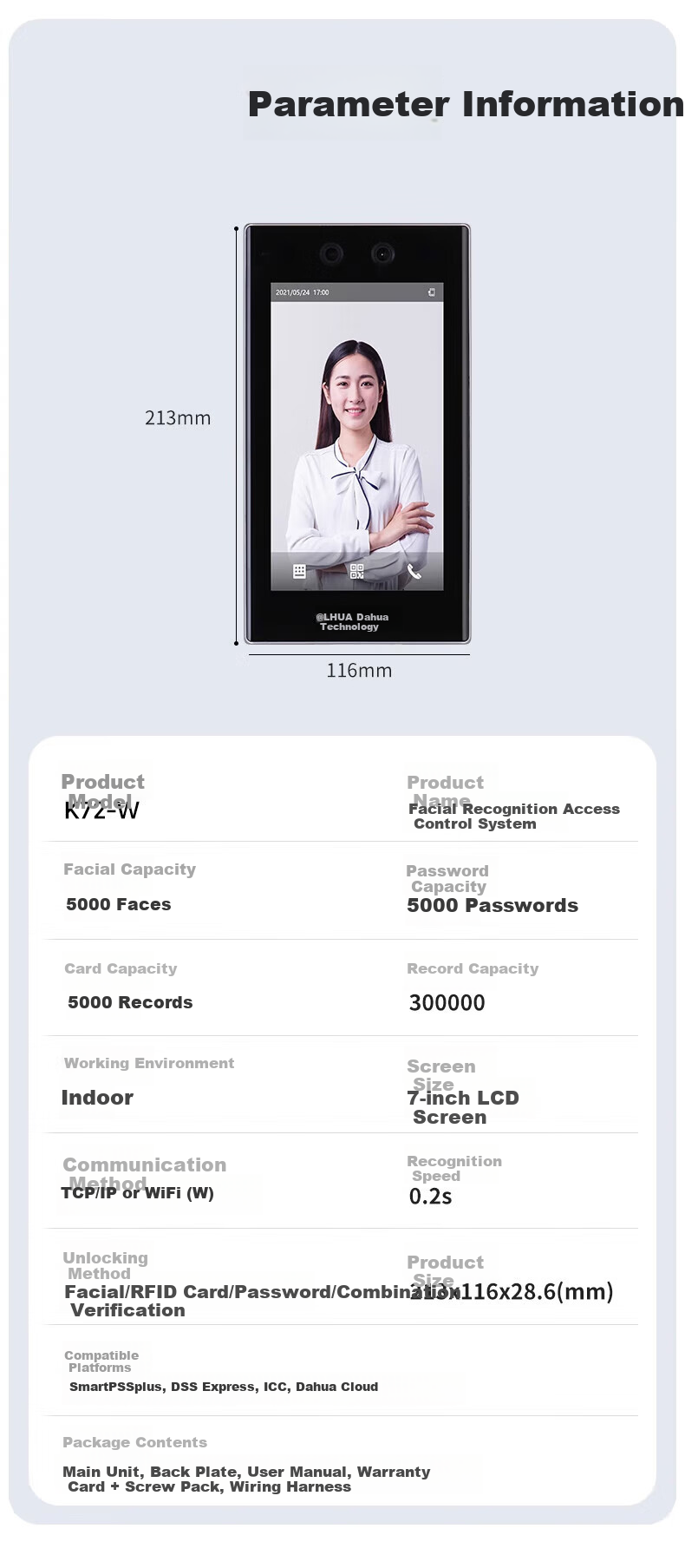 Dahua Facial Recognition Access Control All-In Machine, Enterprise WeChat Co-Branded Time Clock, 7-Inch Touchscreen, Company Face And Card Attendance Machine, Outdoor Waterproof Turnstile K72-W 17