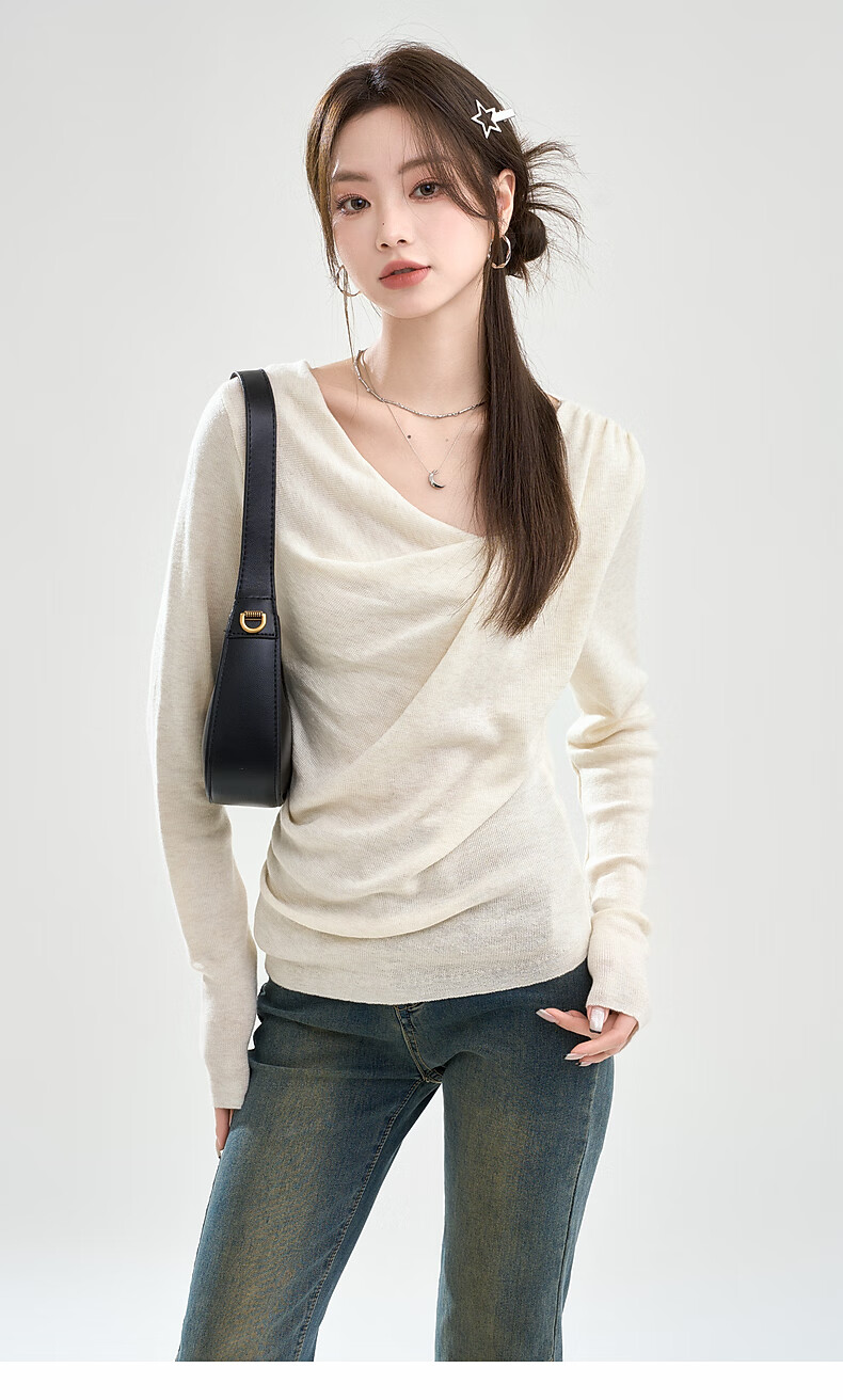 La Chapelle Women's Slim Fit V-Neck Pleated Knit Top T-Shirt in Apricot, Size S 1