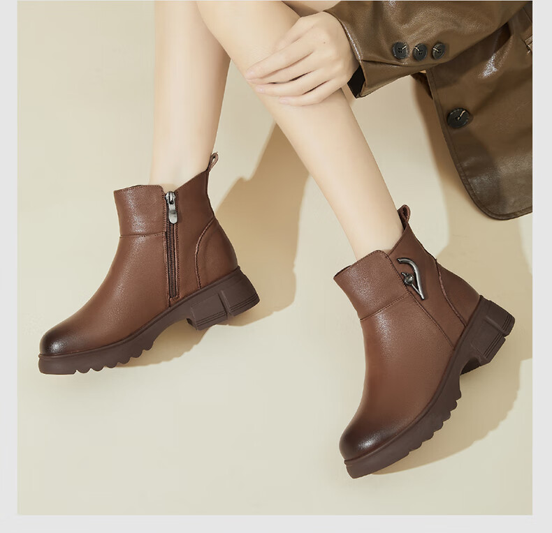 FUGUINIAO Ultra Thick Fleece-Lined Genuine Leather Cowhide Short Boots for Women Autumn Winter Warm Cold-Resistant Metal Decor Elegant Women's Boots Brown Size 36 10