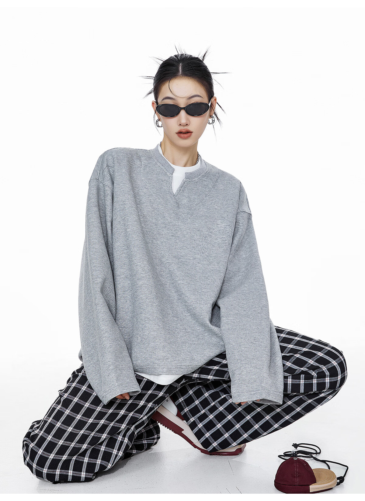 ICH MODE Women's Pullover Sweatshirt American Waffle Long Sleeve T-Shirt Autumn Winter Loose Casual Henley Neck Top Gray L 17