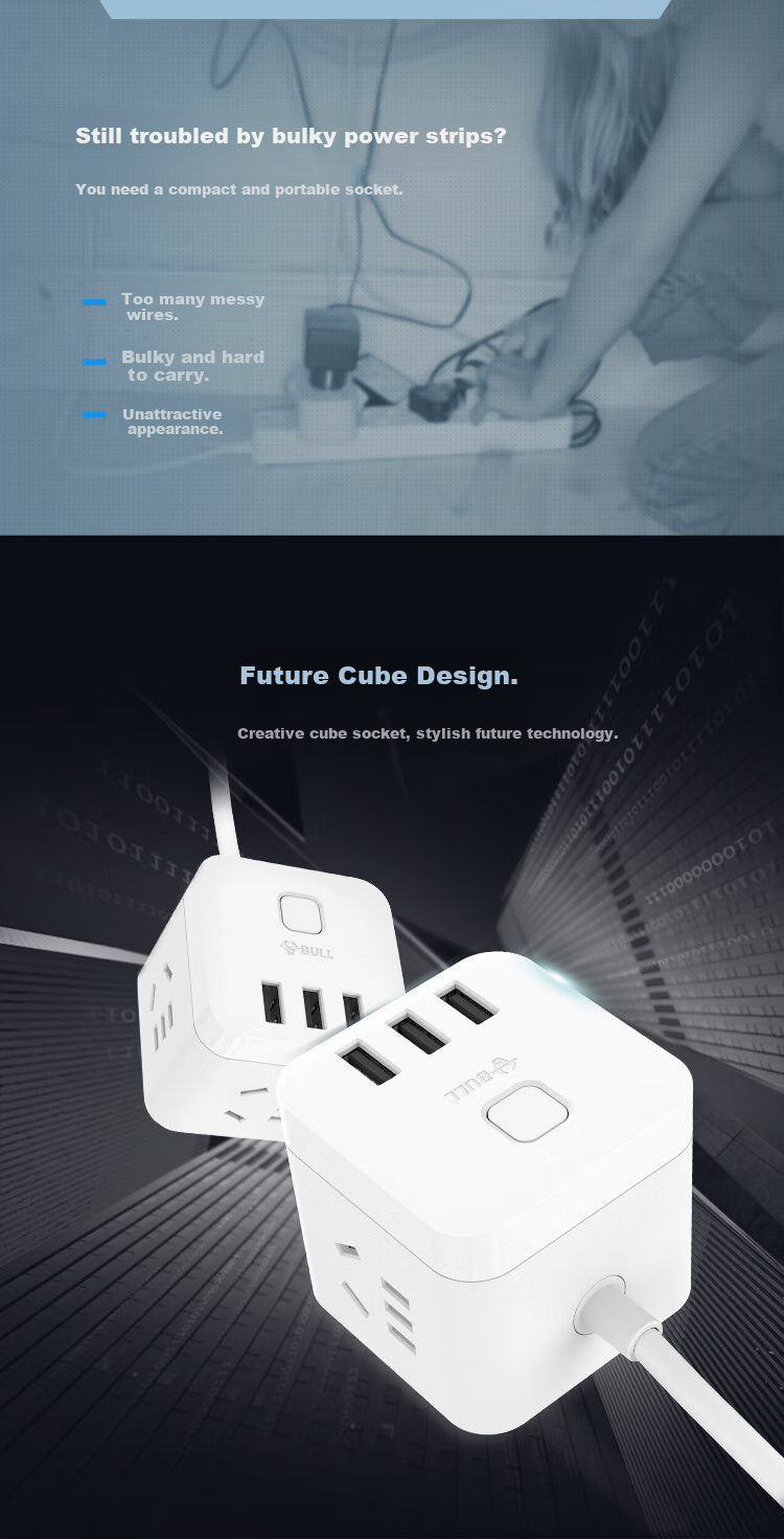 BULL Magic Cube USB Socket Power Strip/Extension Cord GN-U303H Black Magic Cube, Total Length 1.5 Meters, Master Switch 2