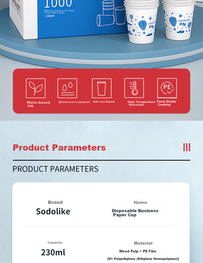 Sodolike Shangdao Disposable Paper Cups, 230ml Thick Paper Cups, Full Box of 1000 Pieces, Office Business Home Water Cups 3