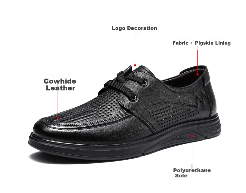 LAORENTOU Men's Leather Shoes, Business Casual Shoes, Top-Grain Cowhide Perforated Shoes, Slip-Resistant And Wear-Resistant Hollow-Out Men's Shoes, LL12130, Black, Size 38 5