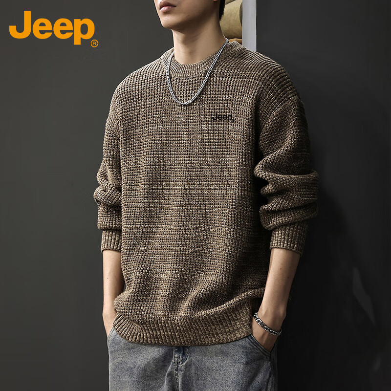 JEEP Men's Winter Premium Warm Knit Sweater Inner Layer Shirt Men's Clothing Floral Brown L