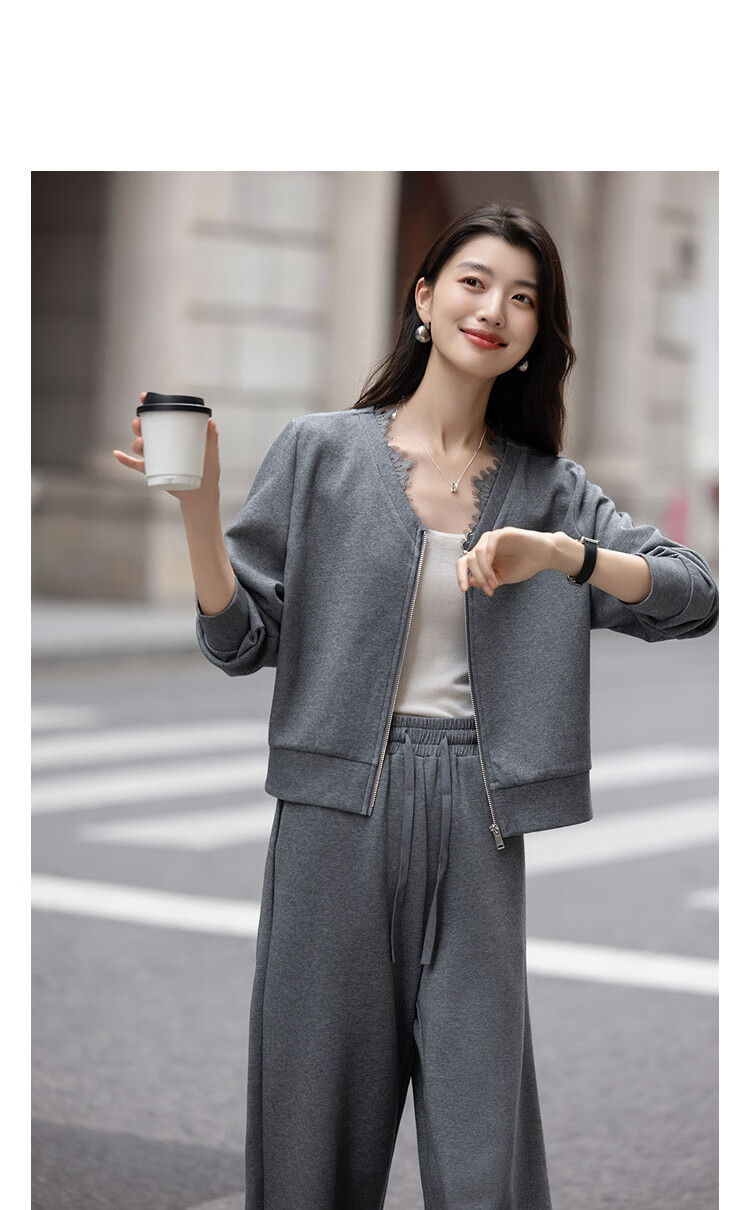 Demana Air Layer Set Autumn Lace Eyelash V-Neck Short Top Elastic Waist Wide-Leg Women's Two-Piece Set 1