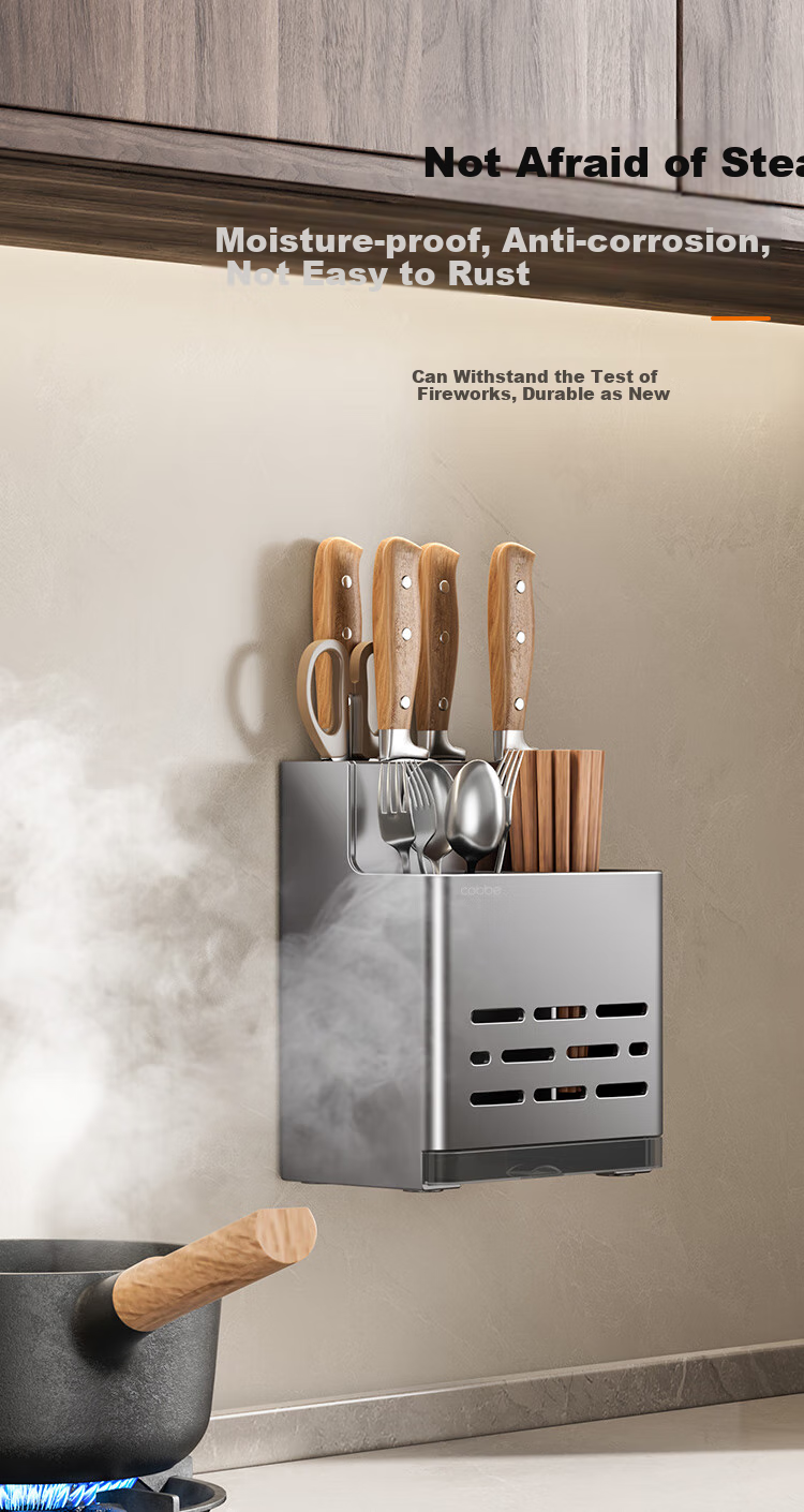 Cobbe Kitchen Knife Holder Wall-Mounted Storage Rack with Chopstick Cage, Multi-Functional Organizer, No Drilling Required, Stainless Steel Chopstick Tube And Knife Holder 8