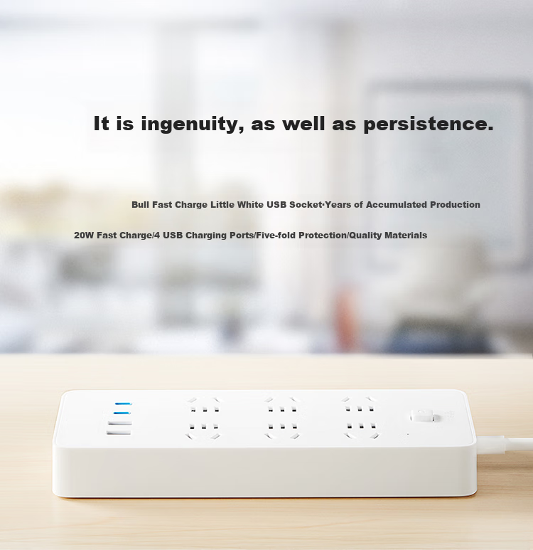 BULL 20W PD Apple Fast Charging Socket/power Strip/outlet Strip/power Board/desk Charger, Type-C + USB + 6 Outlets, Total Length 1.8 Meters with Master Switch, White GNV-U1206 1