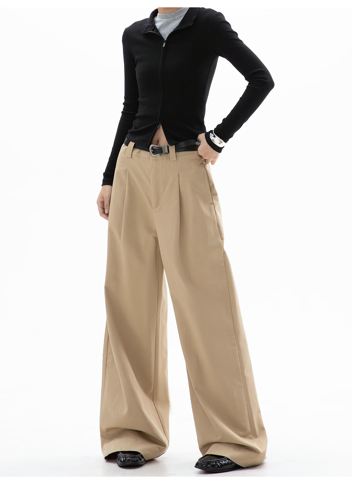 ICH MODE Women's American Style Straight-Leg Dress Pants Autumn Winter New Loose Wide-Leg Suit Trousers Casual Khaki Pants Khaki M 13