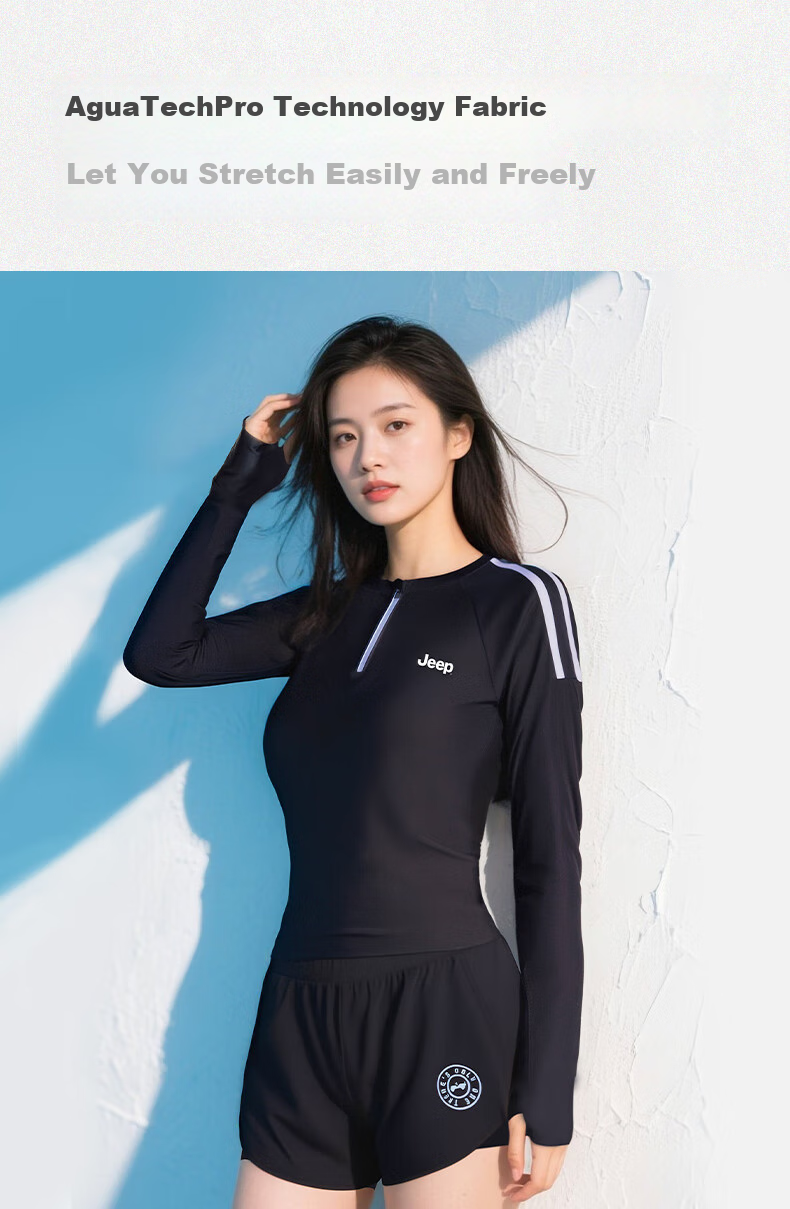 Jeep Women's Two-Piece Long-Sleeve Conservative Swimsuit, Double-Layer Slimming Sun Protection Quick-Dry Swimwear for Hot Springs, Black, Size L 1