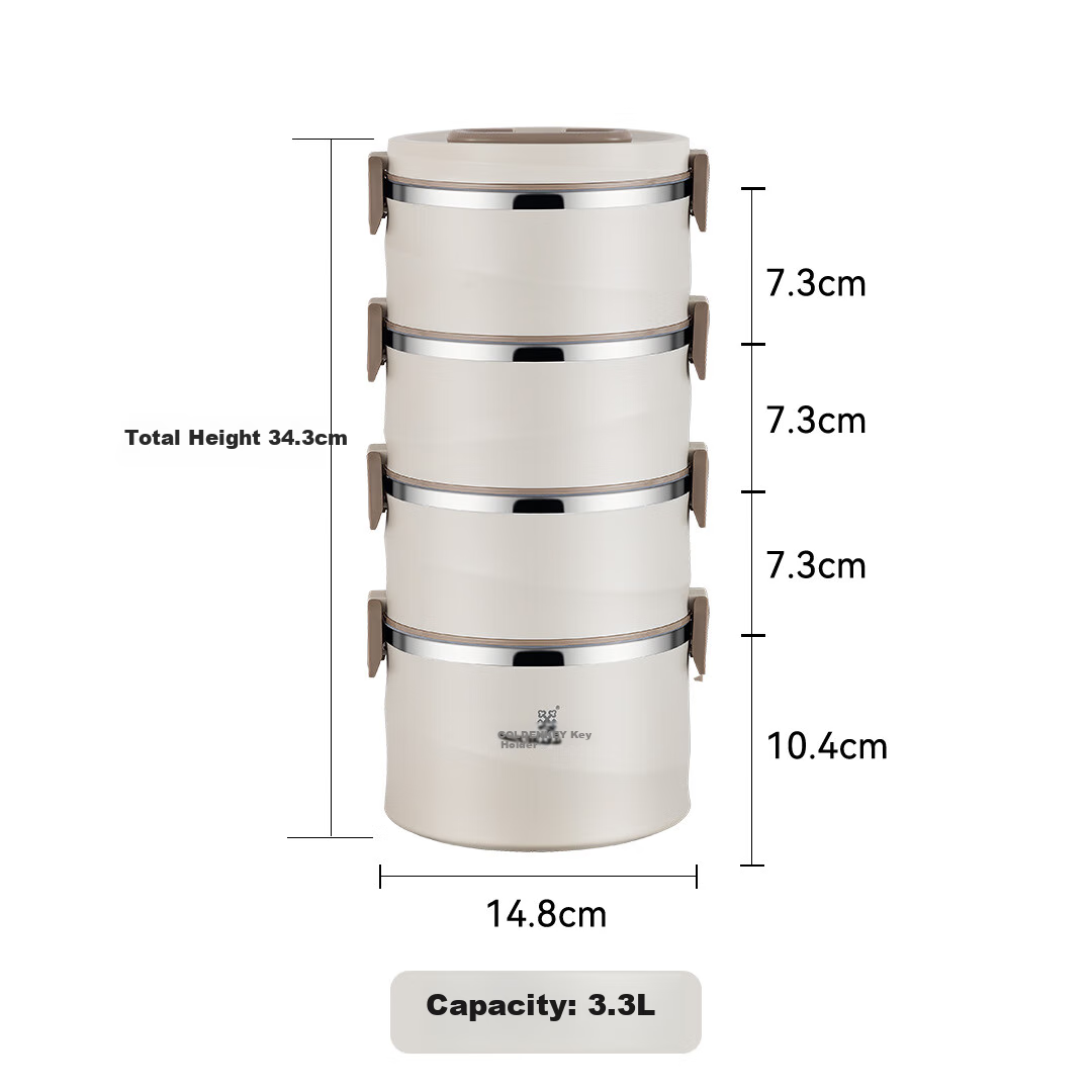 Jinyaoshi 304 Stainless Steel Insulated Lunch Box, 3.3L Capacity, Four-Layer Large Capacity, Anti-Spill Bento Multi-Layer Lunch Box GK-JJ3300