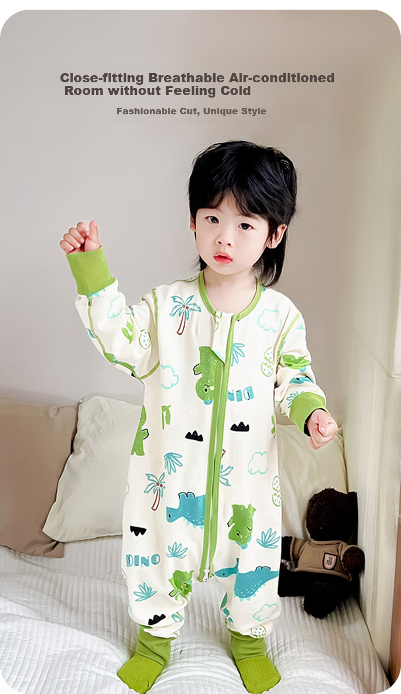 Zisehuayu [100% Pure Cotton] Baby Split-Leg Sleeping Bag, Children's Spring And Autumn Pajamas, Boys' Anti-Kick Blanket Sleeping Bag, Green, Size 130 2