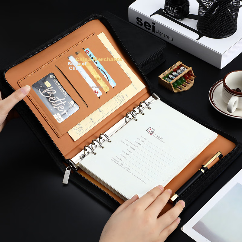 Jiaranheng A5 Business Loose-Leaf Notebook, Multifunctional Zipper Pouch, Detachable Refillable Pages, 25K Meeting Record Book, Work Diary, Black