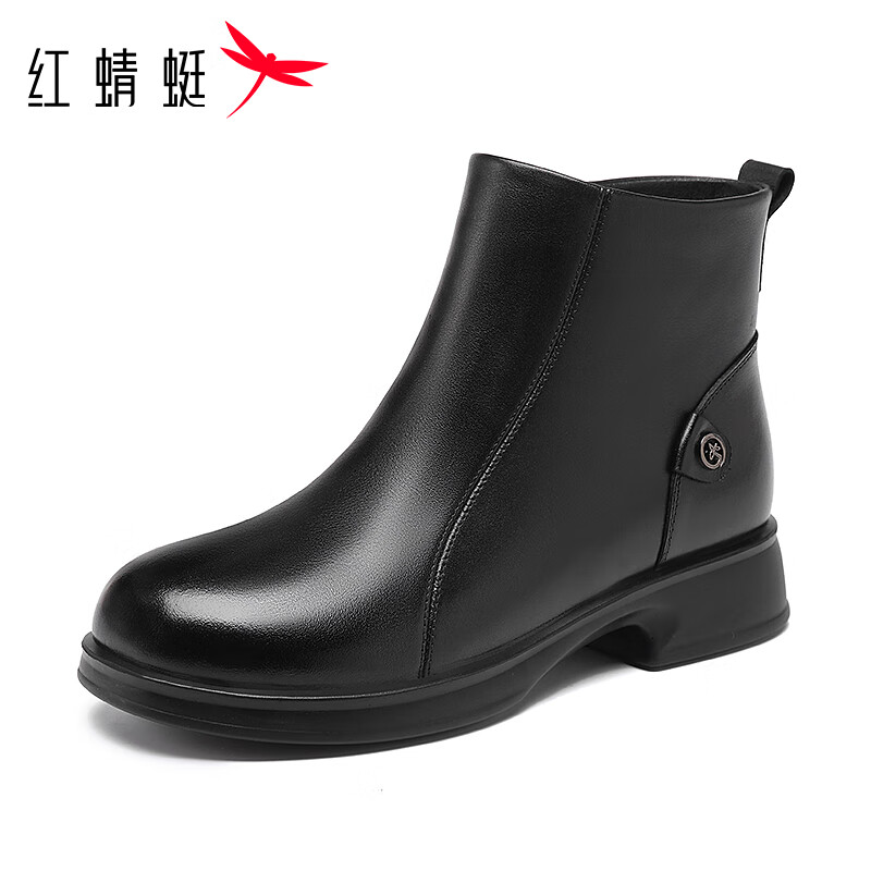 Red Dragonfly Short Boots Mom Boots Cotton Boots Autumn Winter Fleece Lined Warm Cowhide Chunky Heel Lightweight Women's Boots WTC458011C Black 37