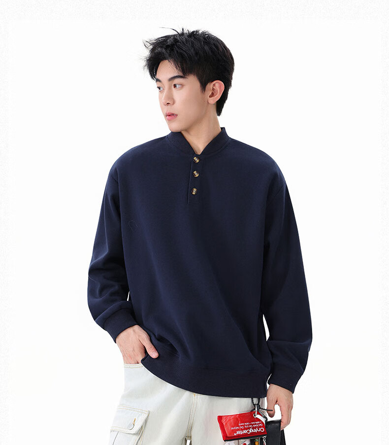 Homlean Heavyweight Henry Collar Solid Color Sweatshirt Men Autumn Fashion Casual Loose Base Shirt HQ00 Black 4XL 6