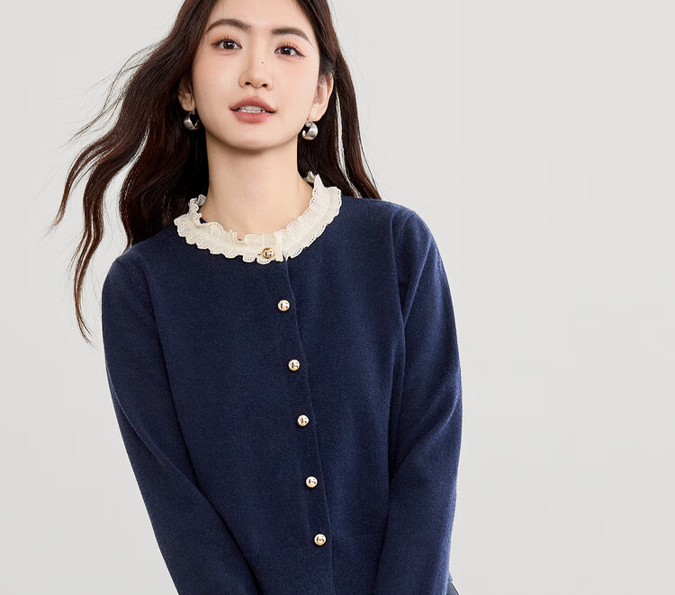 Sentubila Elegant Commuter Set Women Autumn Color-Block Lace Round Neck Stretch Knit Top A-Line Flared Skirt Two-Piece Set 5