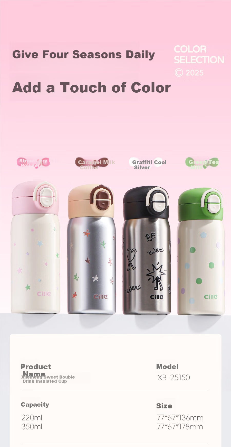 Cille Cute Sweet Dual-Use Insulated Cup, 316 Stainless Steel Water Bottle for Men, Women, Students, Children, Outdoor Portable Compact Pocket Cup 14