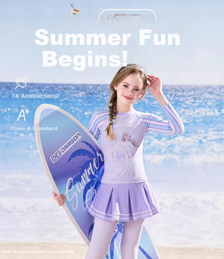 Disney Girls' Children's Swimwear Set, 6-12 Years, Two-Piece Long Sleeve Top and Pants, Swimming Pool Suit, Light Purple, Size 120, Model D35225 1