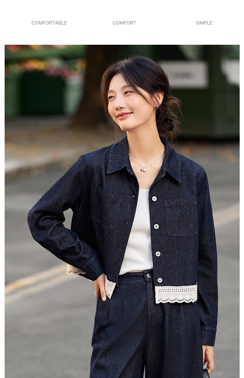 Fanshi Man Lace Trim Denim Set Women Autumn New Lapel Jacket and Pants Two-Piece Set Denim Blue XL 7