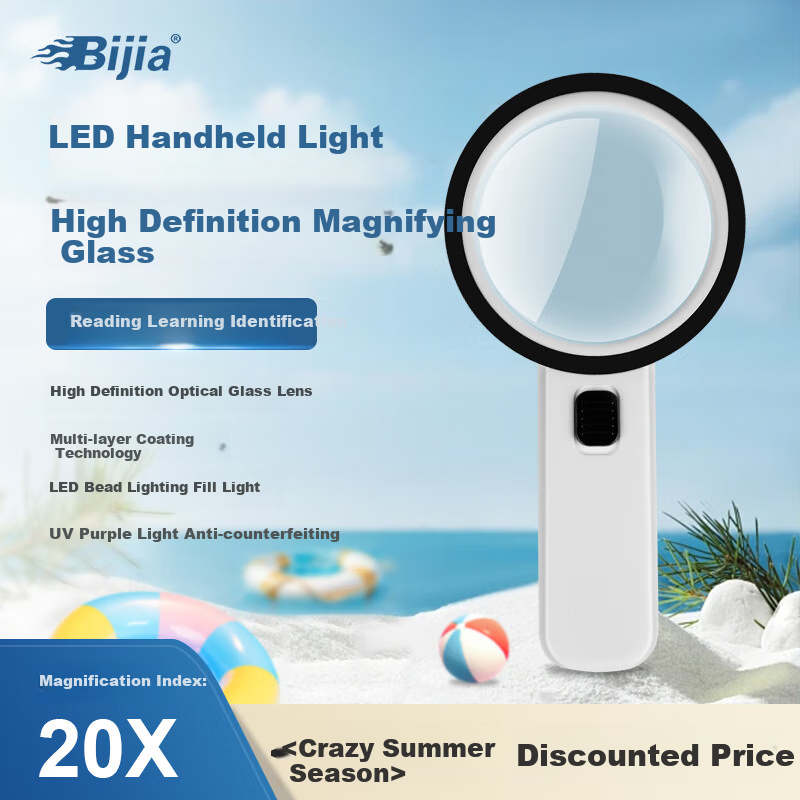 BIJIA Ultra-High Magnification Optical Handheld Magnifying Glass, White with LED Light, 100MM High-Definition Reading And Learning Magnifier for Authenticatio