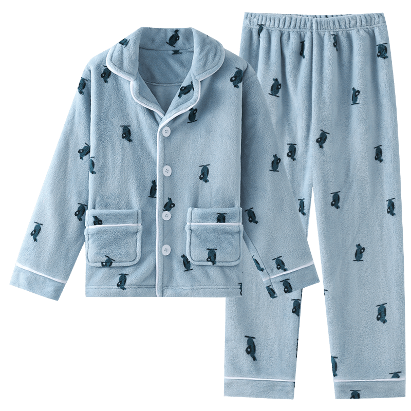 Hodo Children's Flannel Pajama Set Boys' Thickened Coral Fleece Cardigan Homewear Autumn Winter Outerwear Set