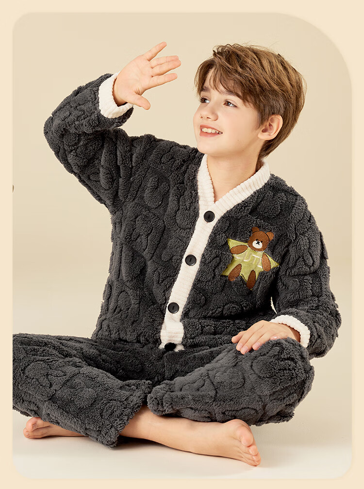LangSha Fleece-Lined Thickened Flannel Children's Pajama Set Autumn Winter Boys Sleepwear Warm Clothes 16