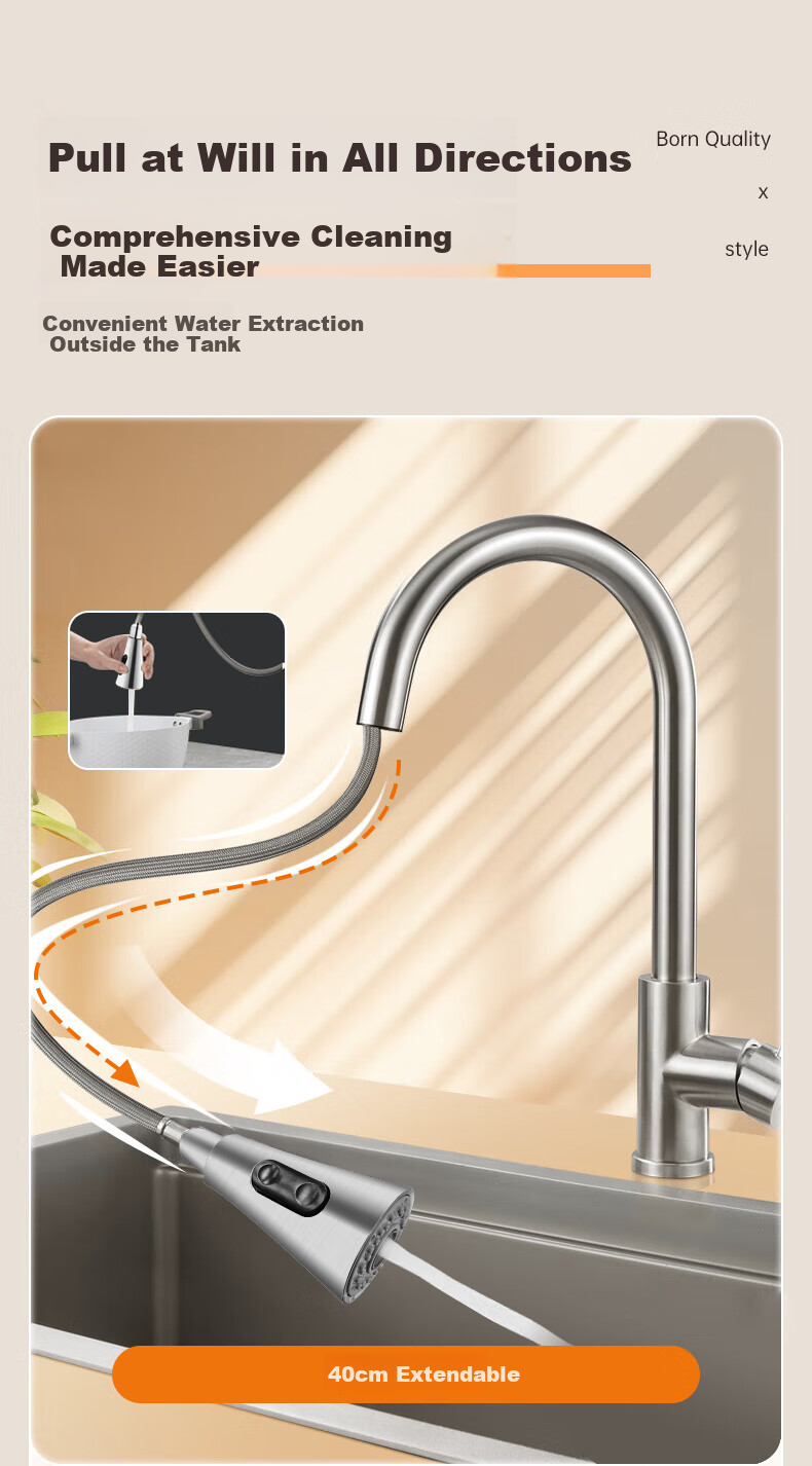 Aifuer Kitchen Faucet, Pull-Out Hot And Cold Sink Tap, SUS304 Stainless Steel Pull-Out Faucet 8