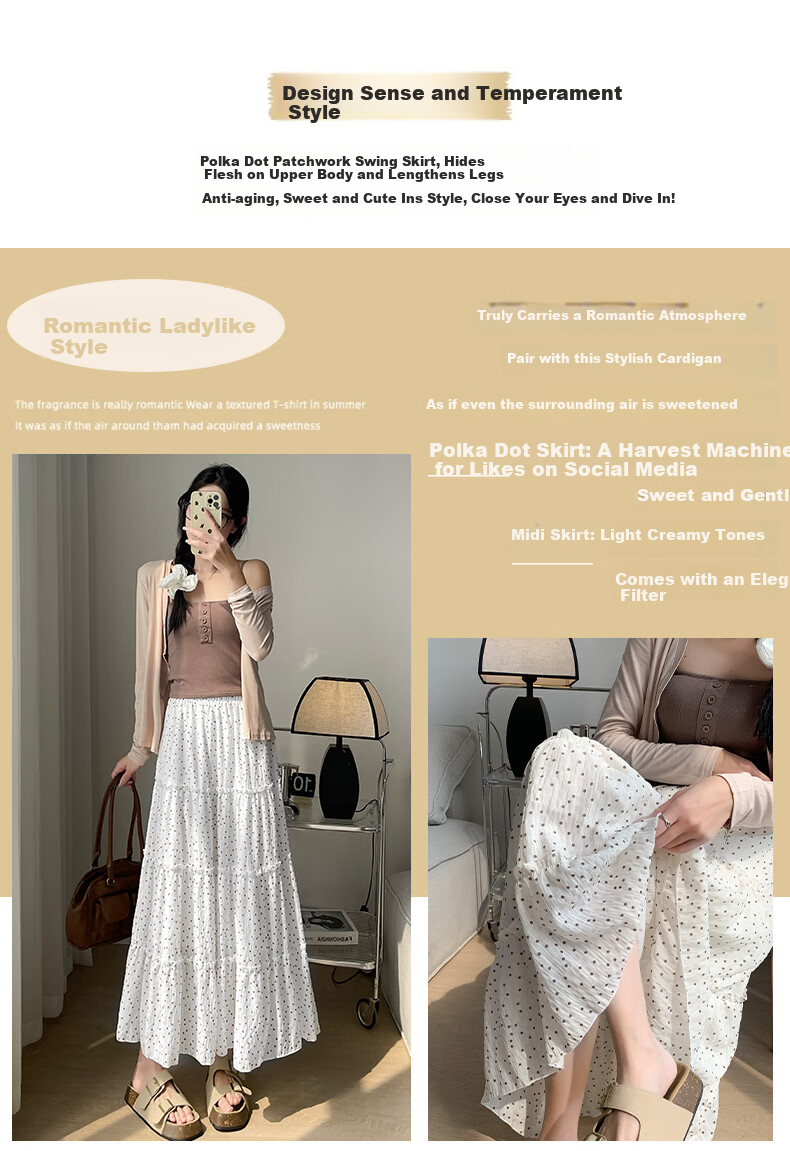 Langsha French Style White High-Waist Elastic Waist A-Line Polka Dot Long Skirt Japanese Style Cake Skirt for Women 2026 Summer 2