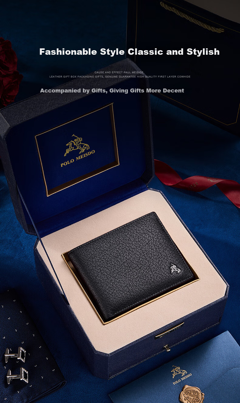 POLOMEISDO Men's Wallet, Genuine Leather Short Purse, Cowhide Multi-Card Slots, Gift Box, Birthday Present for Boyfriend, Husband, Father 1
