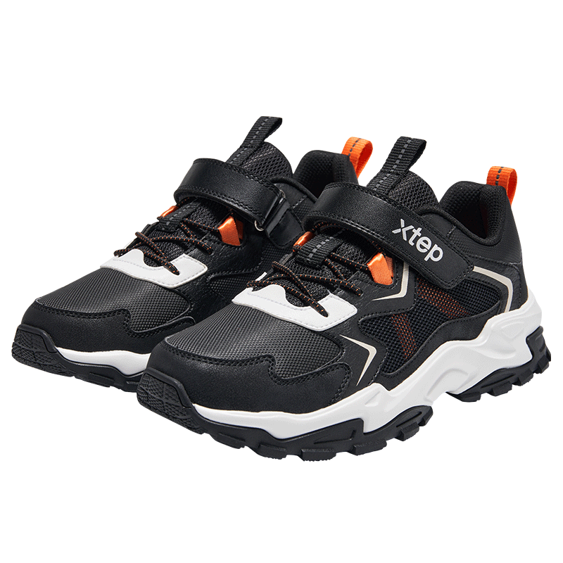 XTEP Kids Panda Leather Mesh Layered Boys Fashion Dad Casual Shoes Black/Lava Orange Size 38