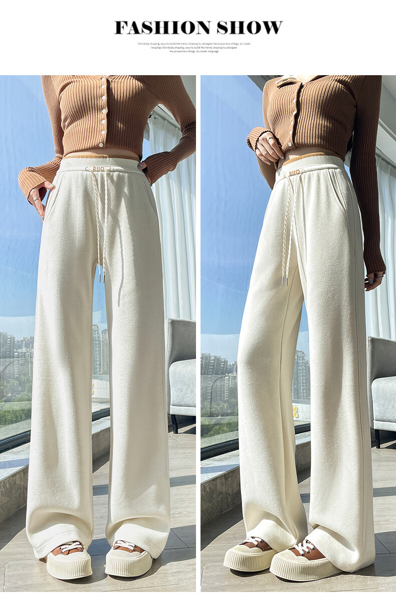 Jeanswest Women's Casual Autumn Winter Color-Block Drawstring Spliced High-Waist Slim Straight-Leg Pants Beige L 1