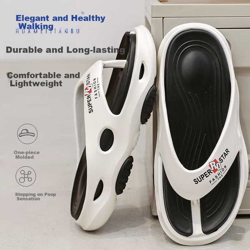Huameijianbu Men's Flip-Flops with Thick Soles, Indoor And Outdoor Casual Wear, Lightweight Beach Sandals, HM2441 White And Black, Size 40-41
