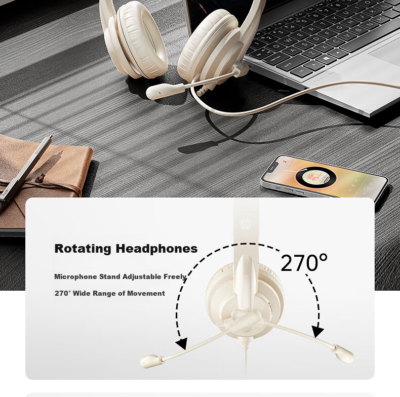 HP Wired Headphones, Over-Ear, High-Definition Noise-Cancelling Earphones with Microphone, for Computer Office Online Classes And CET-4/6 Exams, Milk Tea Color 12