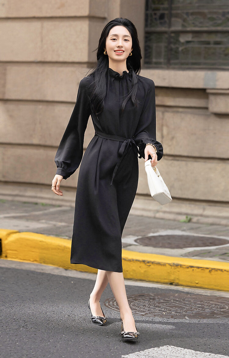 Demana Selected Airy Acetate Spring Socialite Style Comfortable Lightweight Ruffle Collar Mid-Length Women's Dress 11
