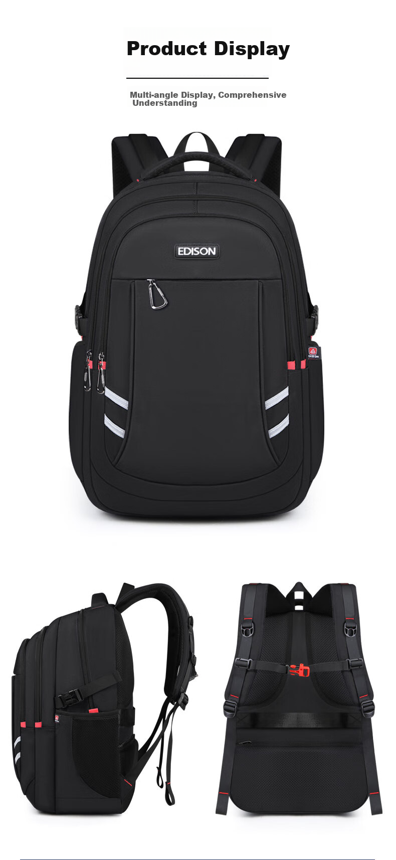 Edison High School Student Backpack with Spine Protection, Large Capacity, Water-Resistant, Reflective, Middle School Travel Backpack K056-1G Black 16