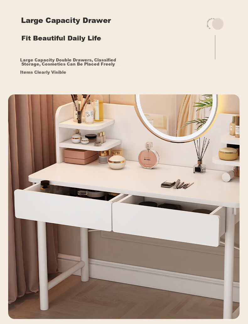 OLENOUFENG Dressing Table, Modern Minimalist Bedroom Vanity, Compact Luxury High-End Makeup Desk with LED Light And Dressing Mirror 4