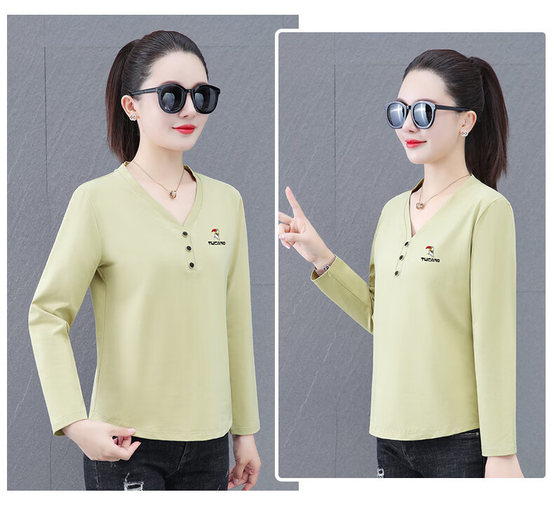 Woodpecker V-Neck Raglan Long Sleeve T-Shirt Women Autumn New Pure Cotton Fashion Casual Plus Size Base Shirt Top Gray Green 2XL 3