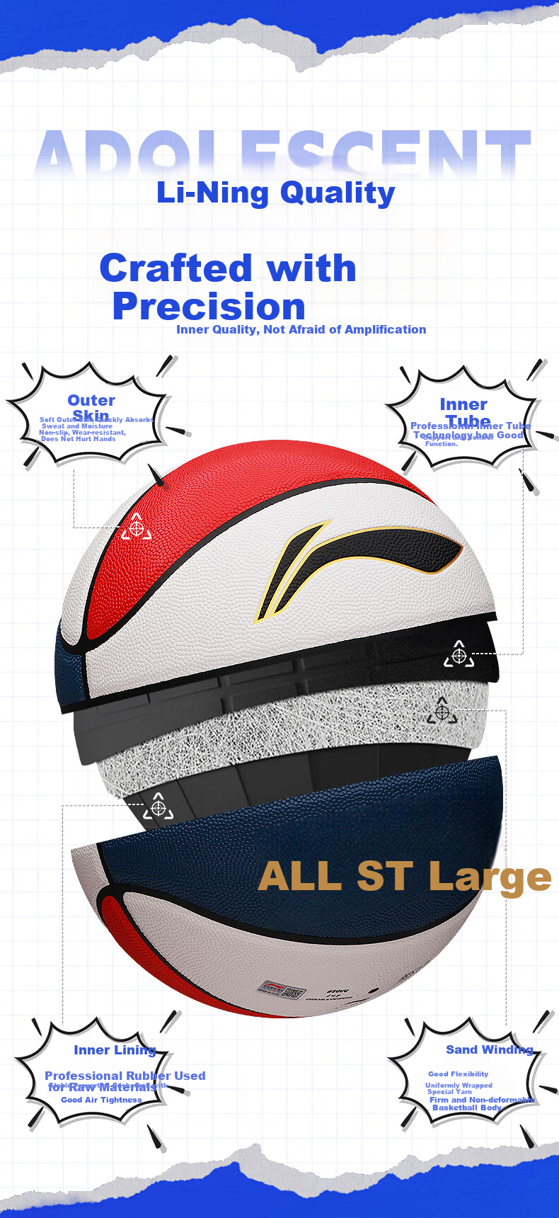 Li-Ning Basketball Size 5 for Children, Kindergarten, Elementary School Students, Indoor And Outdoor Use on Cement Courts, Youth Non-Slip Wear-Resistant PU Basketball, Blue Color 6