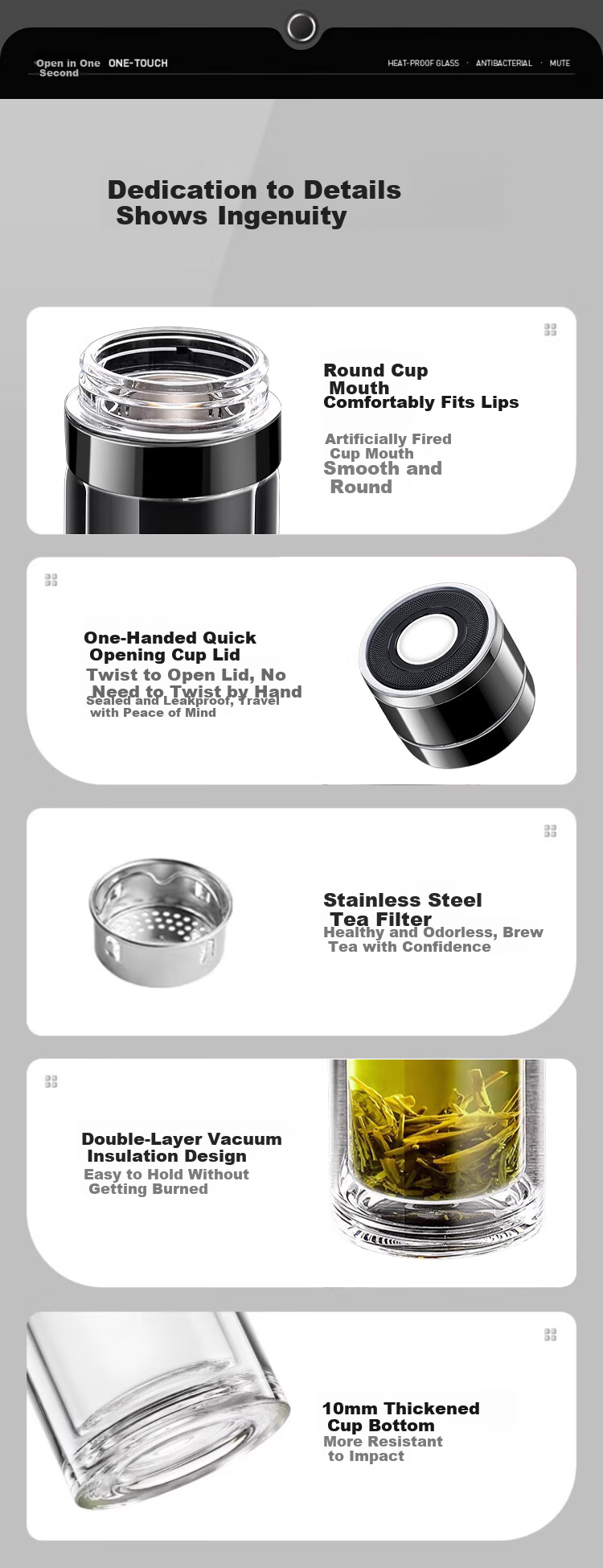 LINGCHEN Men's Tea Cup with Tea-Water Separation, Quick-Open Car Mug, One-Button Lid, High Borosilicate Glass, Heat Resistant 16