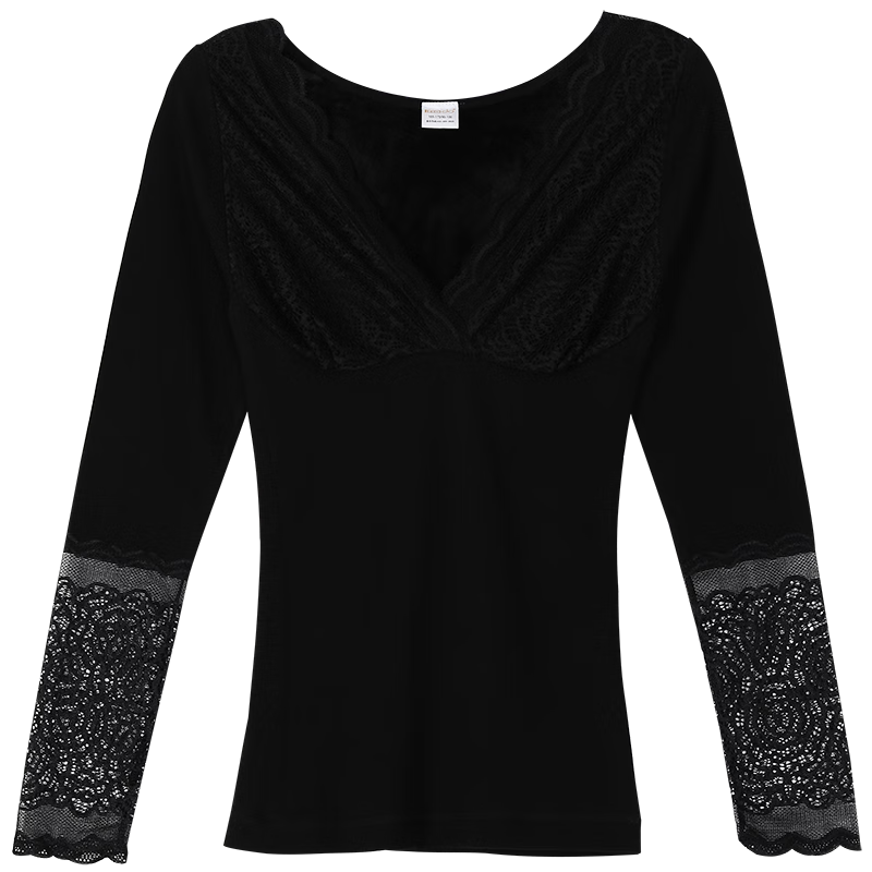 Hongdou Women's Sexy Lace Deep V Neck Slim Fit Body Shaping Thermal Base Shirt Elastic Waist Control Autumn Top 9310 Black One Size