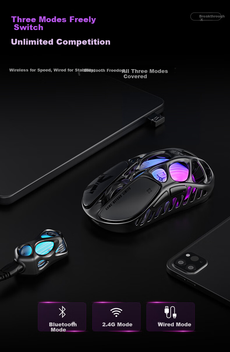 GravaStar Wireless/wired Bluetooth Gaming Mouse, Three-Mode Mouse for Home And Office Use, 56g Lightweight Long Battery Life Hollow Mouse, Chaojia X AIR Exploration Black 11