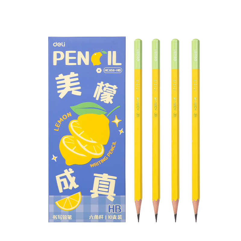 Deli HB Hexagonal Wooden Student Writing Pencils Sketch Exam Drawing Pens Children's Practice Lemon 10-Pack Back-to-School Stationery