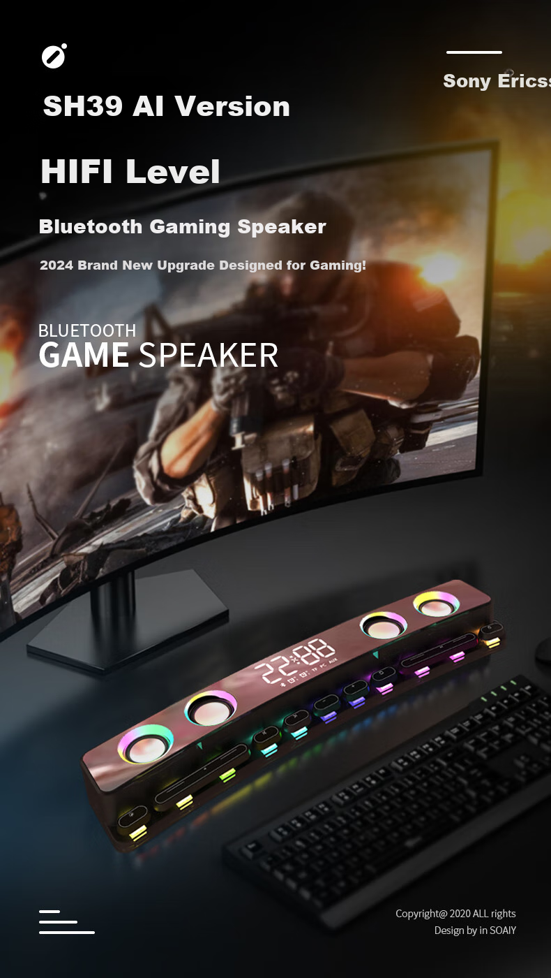 Soaiy Computer Speakers, Bluetooth Desktop Gaming Speakers with Microphone, Atmosphere Subwoofer, External Decorative Item, PS5 Music Viewing Long Bar Speaker, SH39AI Version E-Sports White 1
