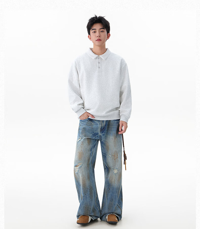 Dingfengbaoluo Heavyweight Polo Collar Sweatshirt Men Autumn Winter Trendy Casual Loose Simple Solid Color Top DQZ10 Black XL 2