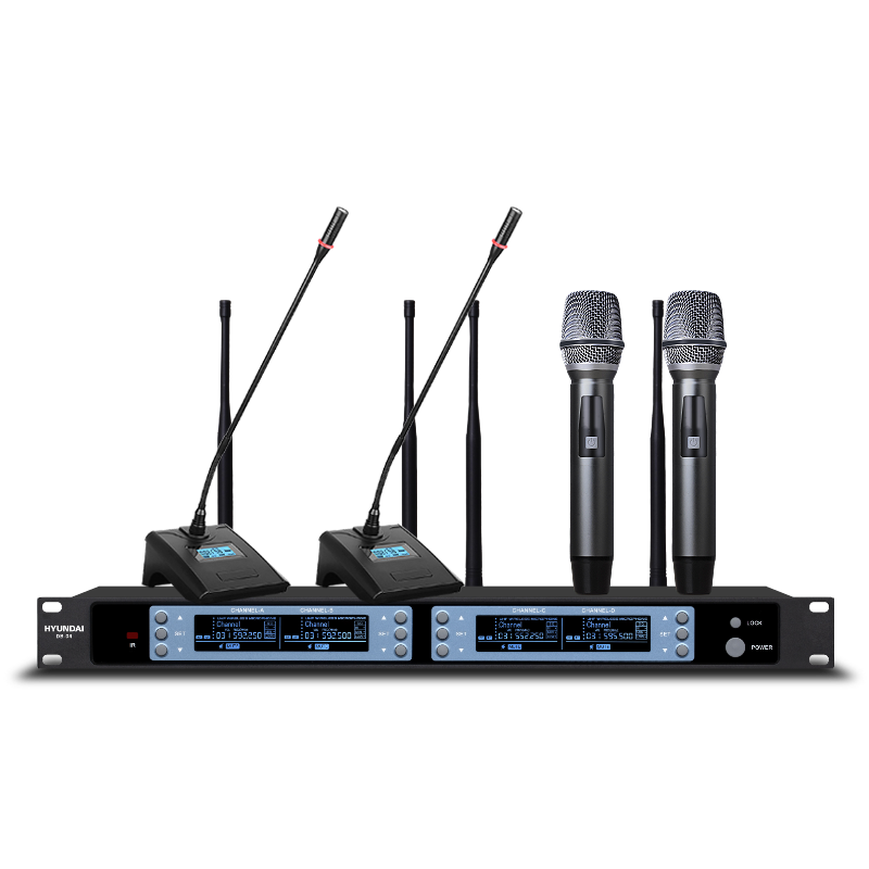 HYUNDAI One-to-Four Wireless Microphone Dual Handheld Dual Gooseneck UHF High-Fidelity Anti-Interference Auto Frequency Matching Anti-Howling Conference Room Podium Speech Training Broadcasting