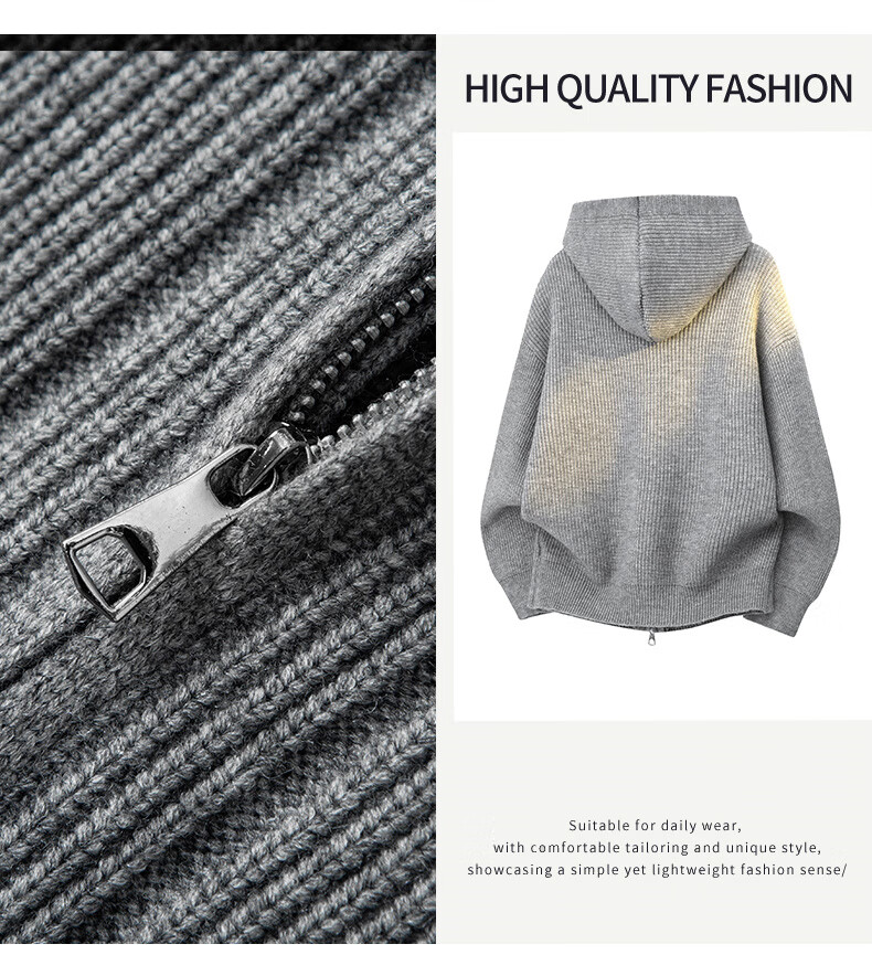 :CHOCOOLATE IT Hooded Knit Cardigan Men's Autumn New American Streetwear Casual Jacket Black Gray M 3