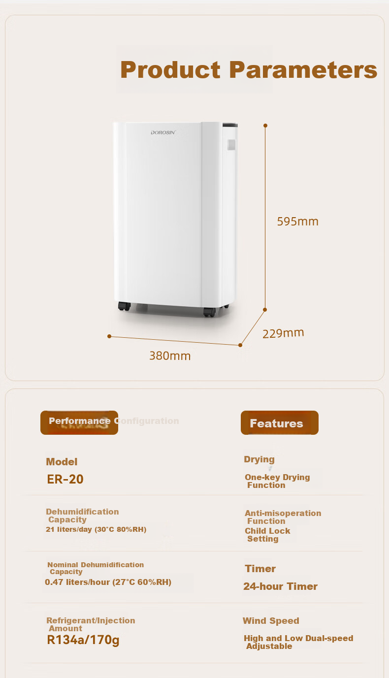 DOROSIN Dehumidifier, Dehumidification Capacity 21 Liters/day, for 42㎡ Home Use, Quiet Operation, Basement Clothes Drying And Dehumidification Device, Guest Bedroom Moisture Absorber And Dryer ER-20 13