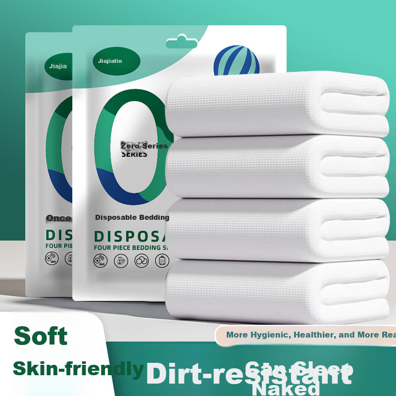 JAJALIN Disposable Four-Piece Set for Double Bed, Includes Bed Sheet, Duvet Cover, Travel Hygiene Sleeping Bag Liner, Pillowcase, Suitable for Hotels And Inns