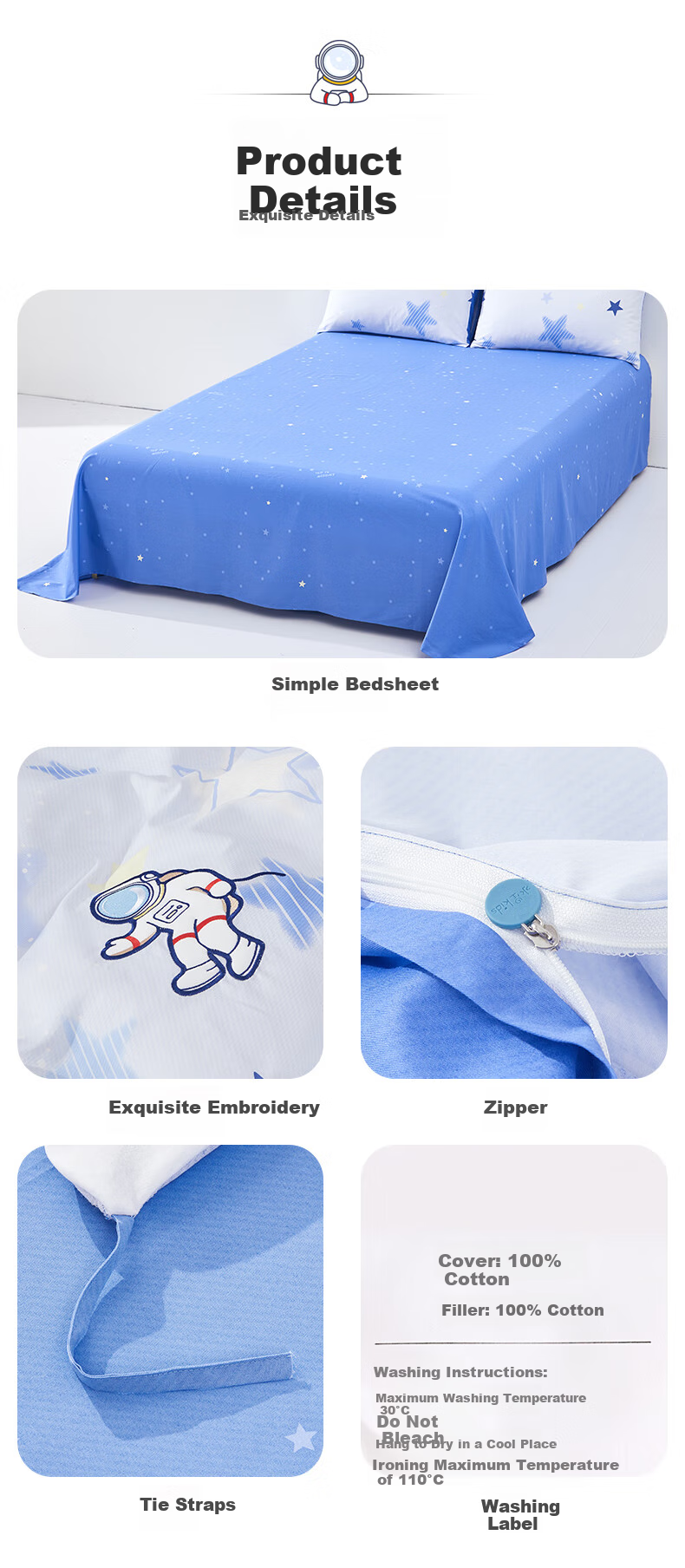 MERCURY Kids Three-Piece Bedding Set for Mother And Baby, Class A Pure Cotton Duvet Cover, Bed Sheet, Quilt Cover, Pillowcase, Single Student Dormitory Antibacterial Set, 150*210cm 6