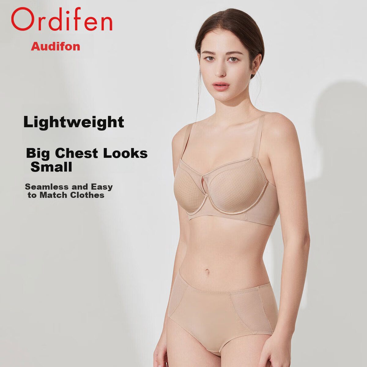 Ordifen 26 New Women's Underwear, Lightweight, Perforated Cups, Breathable, Smooth Surface, Seamless, Large Bust, Low-Collar Bra Set, XB4210
