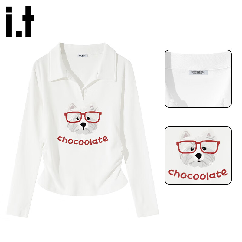 :CHOCOOLATE IT Lazy Style Polo Collar Long Sleeve T-Shirt Women Cute Puppy Print Waist Cinched Collar Top White S